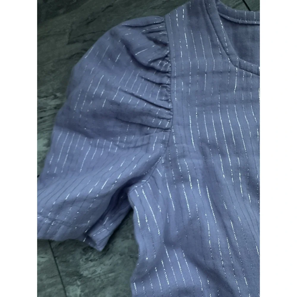 NWT Gap Kids Girls Purple Metallic Stripe Puff Sleeve Tiered Dress XXL 14-16
